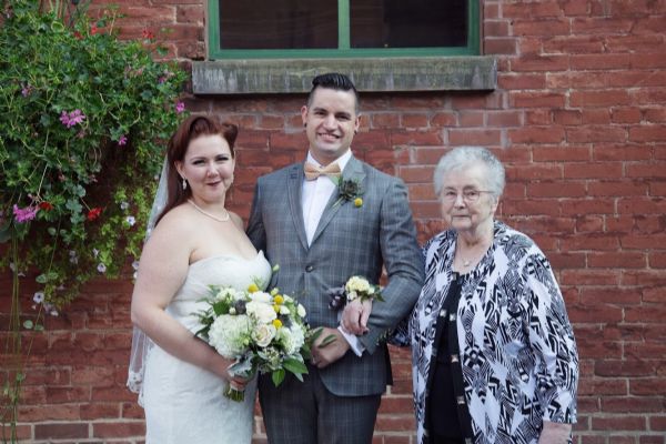 Grandma with Sara Cromwell and her husband Paul Dobson at their wedding in September 2015